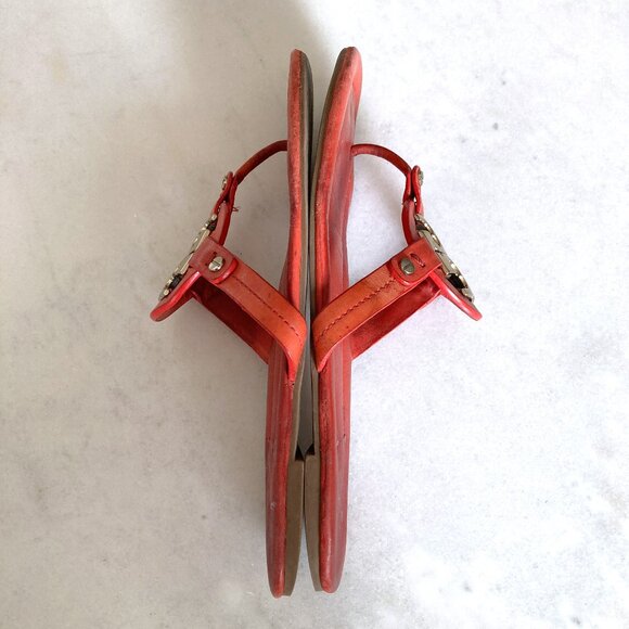 Tory Burch Metal Miller Soft Leather Sandals (orange / gold) T strap flat sandal - Picture 6 of 7
